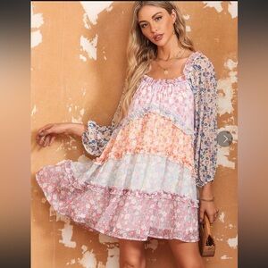 Love Colette Maisie Floral Mini Dress Sky Blue Patchwork Babydoll Size Small